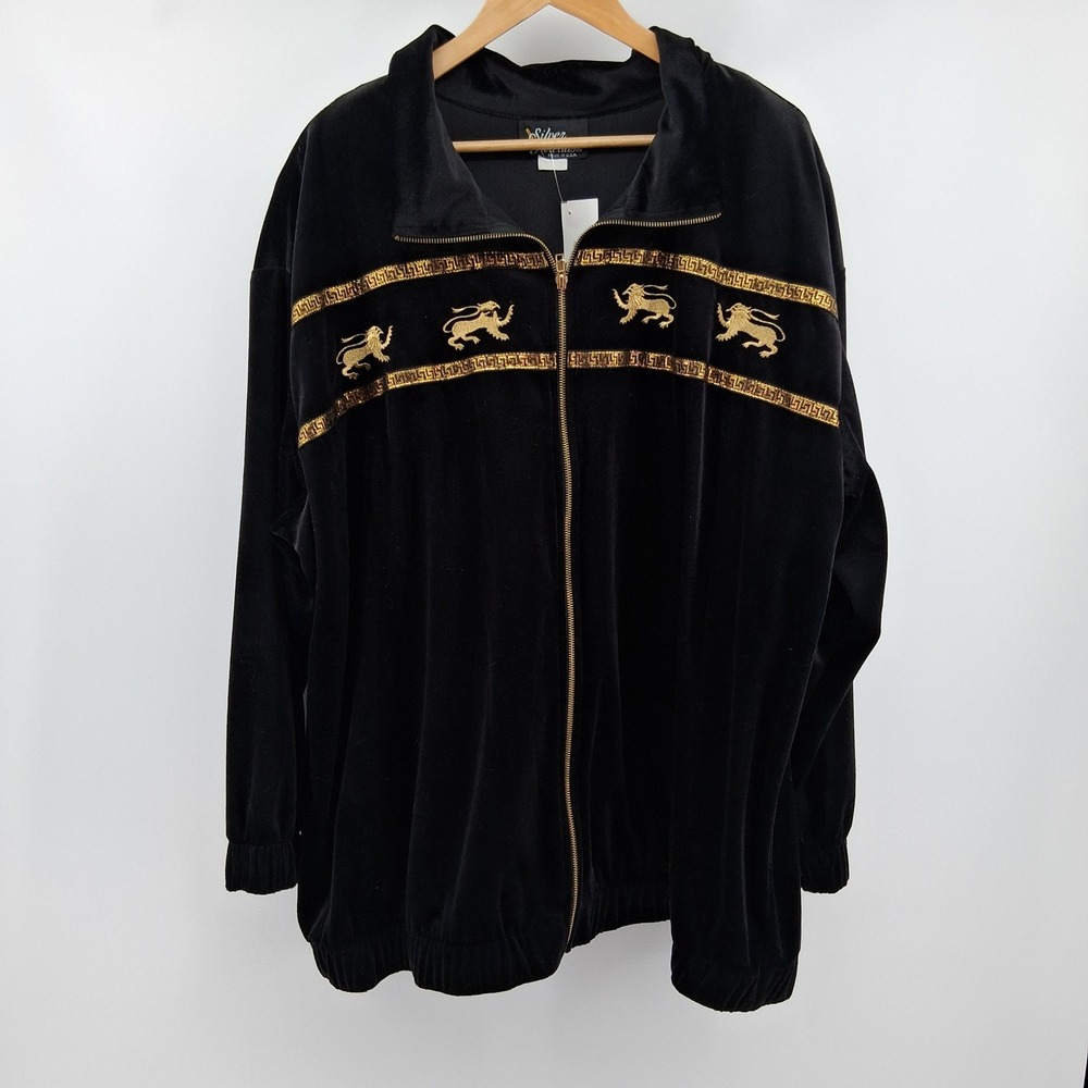 Vtg Silver Threads Black Velour Jacket 3X Gold Embroidered Lions Streetwear‎ USA